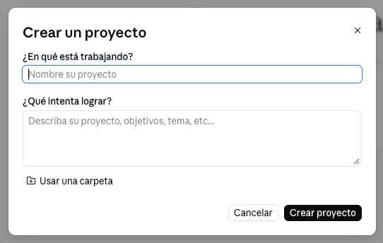 Ventana de creación de un proyecto en Claude, con la opción de usar una carpeta