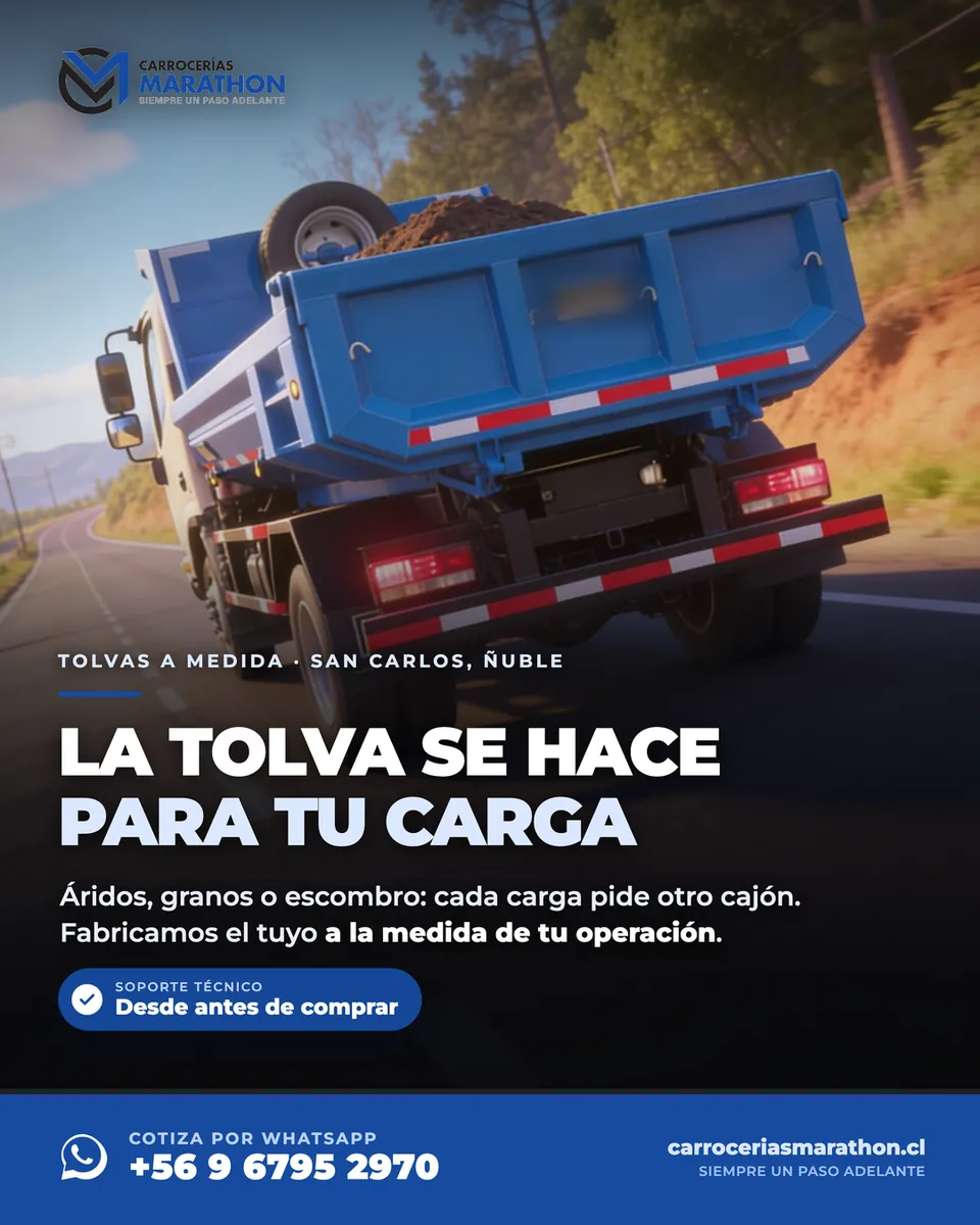 Anuncio 4:5 de una tolva volcando áridos, con el titular «La tolva se hace para tu carga»