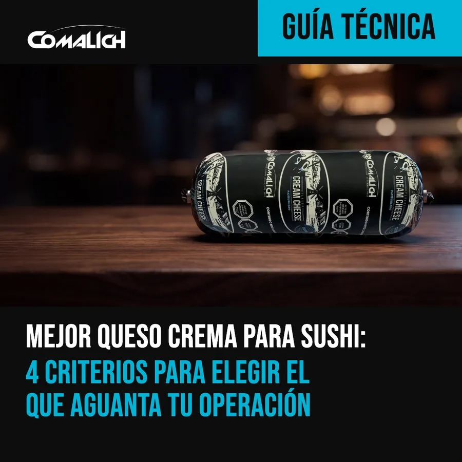 Portada de un artículo de blog: un queso crema sobre una mesa de madera oscura y el título «Mejor queso crema para sushi: 4 criterios»