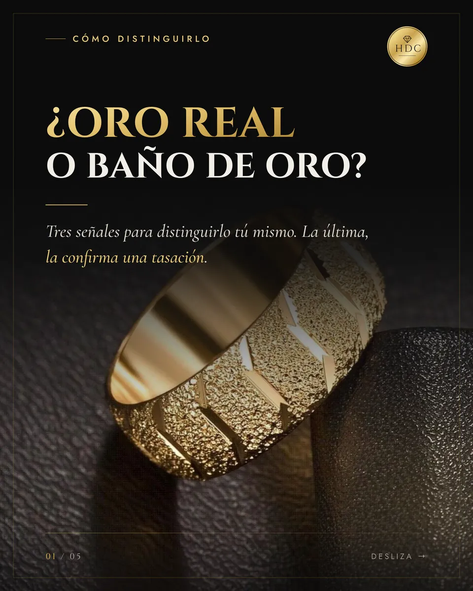 Portada de un carrusel de Instagram en negro y dorado con una argolla de oro y el titular «¿Oro real o baño de oro?»
