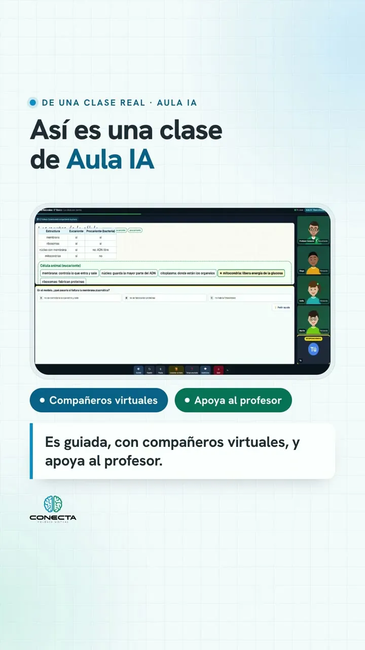 Fotograma de un reel educativo con una captura de una clase online y el título «Así es una clase de Aula IA»