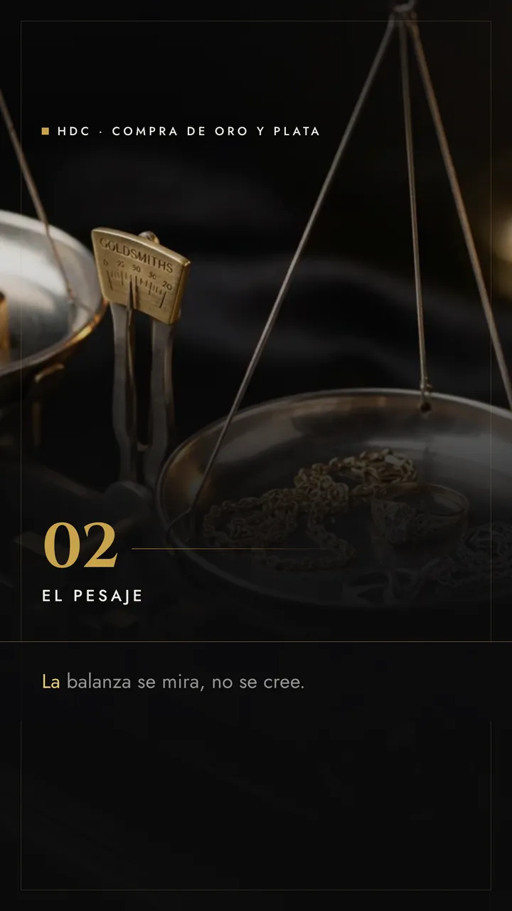 Fotograma de un reel con voz en off: una balanza antigua pesando oro, con el texto «El pesaje»