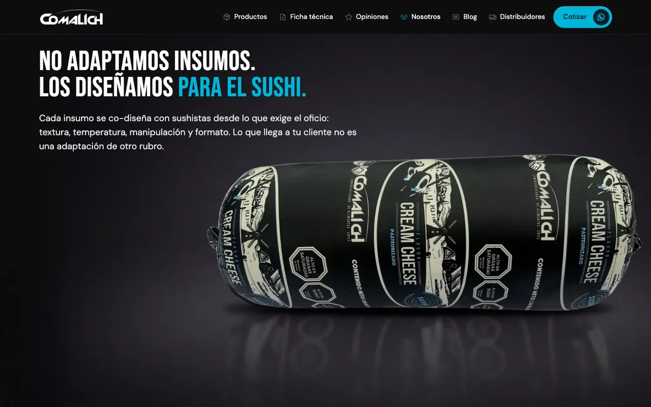 Portada de la página «Nosotros» de un sitio de insumos para sushi: titular «No adaptamos insumos. Los diseñamos para el sushi» junto a un queso crema real