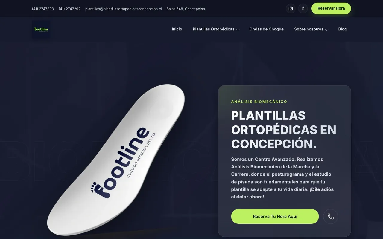 Portada de un sitio de plantillas ortopédicas en Concepción, en azul marino y verde lima, con una plantilla de la marca en primer plano